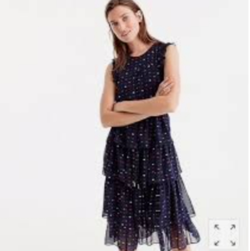 💙 J CREW Silk Tiered Ruffle Dress in Lip Print Indigo Blue Lady's 8
